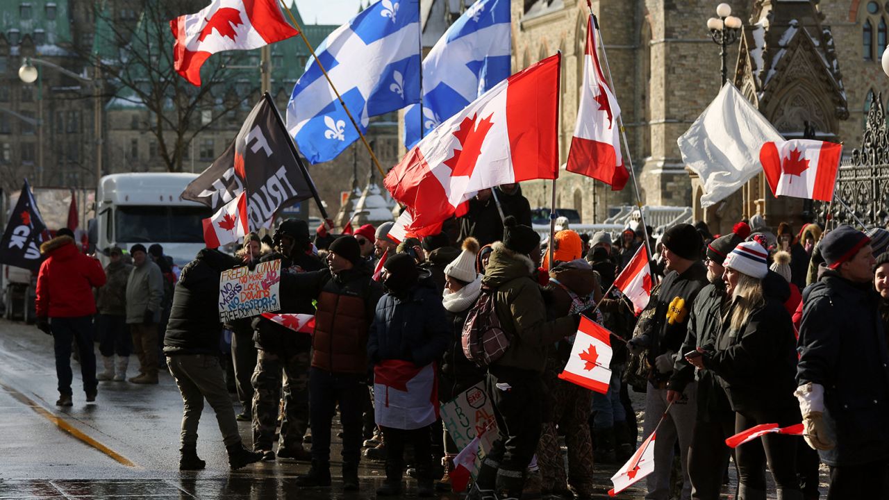 Protesters against Covid-19 mandates rally at Parliament Hill in Ottawa on Saturday.