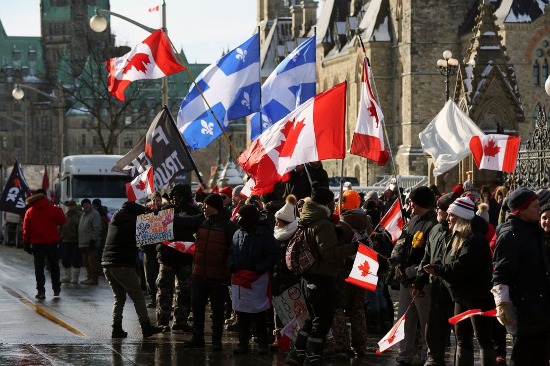 Protesters against Covid-19 vaccine mandates and restrictions are seen in front of Parliament on Saturday in Ottawa.