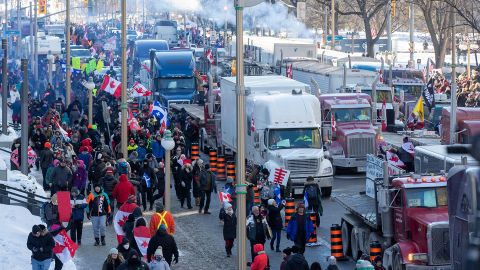 Supporters arrive at Parliament Hill Saturday for the Freedom Truck Convoy to protest Covid-19 vaccine mandates and restrictions in Ottawa, Canada.