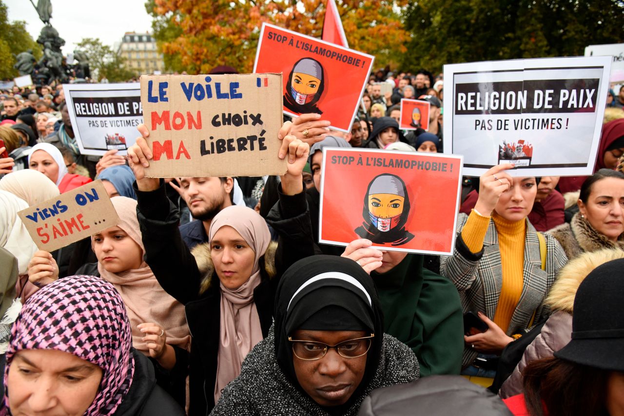 People demonstrate against Islamophobia  in the Place de la République in Paris on October 19, 2019. 