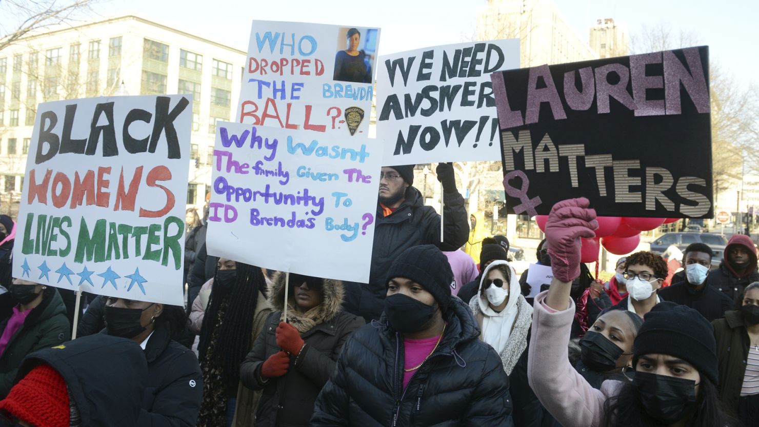Family and friends of Lauren Smith-Fields gathered for a protest march in her memory in Bridgeport, Connecticut, on January 23, 2022.
