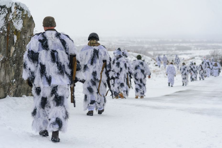 Ukrainian soldiers march in formation during a military exercise at the International Center for Peacekeeping and Security of the National Academy of Land Forces, on January 28.