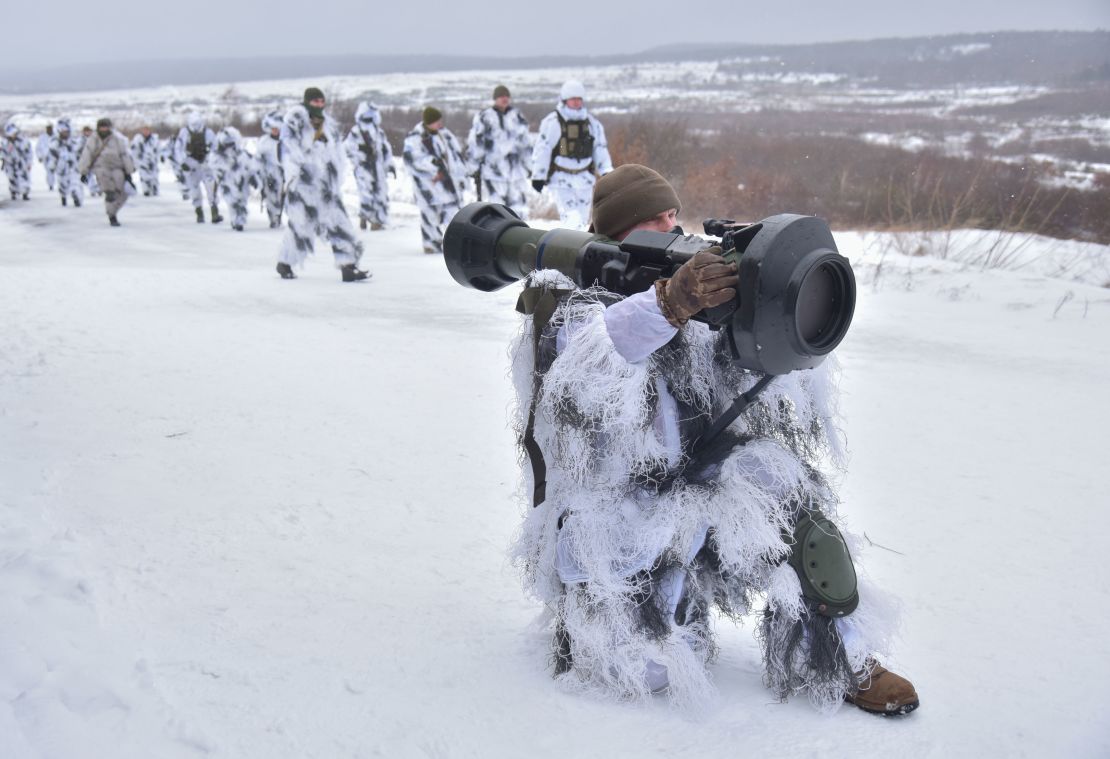 Ukrainian soldiers pictured during an exercise on January 28.