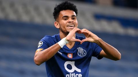 Diaz celebrates after scoring Porto's first goal during the UEFA Champions League Group C stage match against Manchester City,