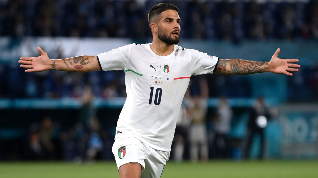 Insigne celebrates after scoring against Turkey at Euro 2020.