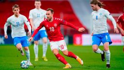 Denmark's midfielder Christian Eriksen (C) vies for the ball with Iceland's midfielder Arnor Sigurdsson (L) and Iceland's midfielder Birkir Bjarnason during the UEFA Nations League between Denmark and Iceland, in Copenhagen, Denmark,on November 15, 2020. (Photo by Liselotte Sabroe / Ritzau Scanpix / AFP) / Denmark OUT (Photo by LISELOTTE SABROE/Ritzau Scanpix/AFP via Getty Images)
