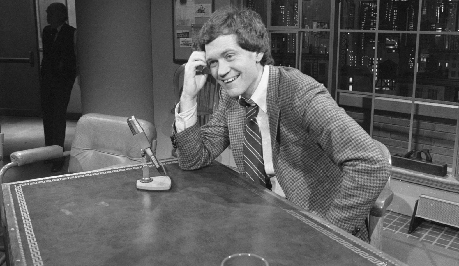 Letterman smiles as he hosts the "Late Night" premiere in 1982. The show, since its beginnings, has been produced in New York City.