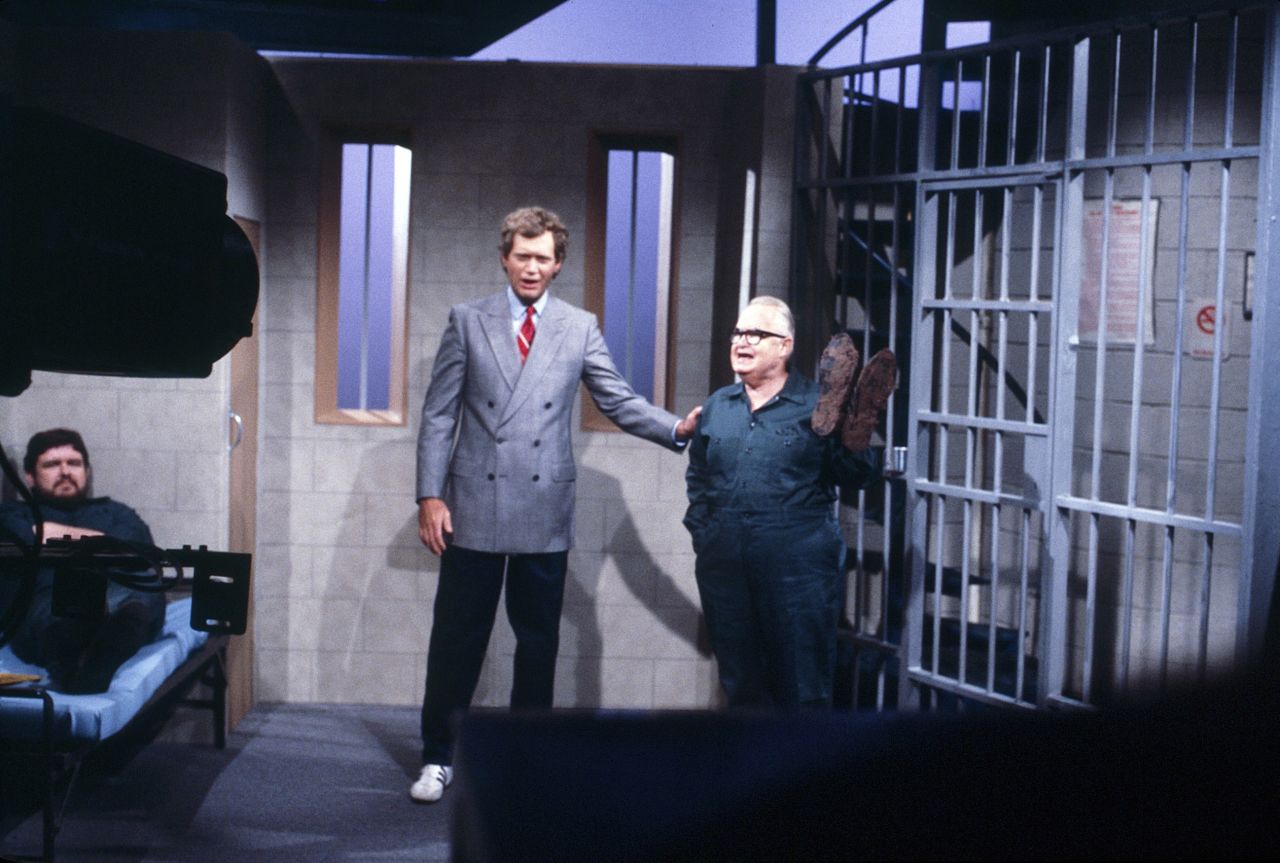 Letterman performs with "Late Night" regular Calvert DeForest, who played character Larry "Bud" Melman.
