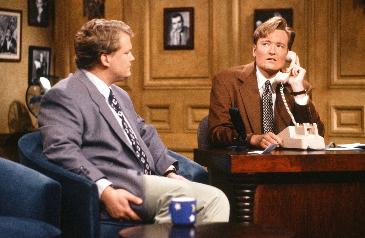Letterman's "Late Night" successor, Conan O'Brien, does a bit with sidekick Andy Richter, left, in 1993.
