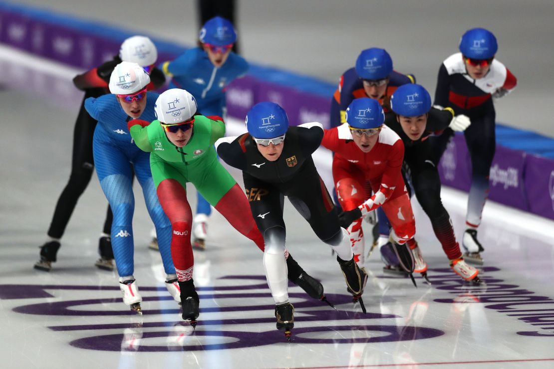 Germany's Claudia Pechstein competes during the Ladies' Speed Skating Mass Start Final at PyeongChang 2018.
