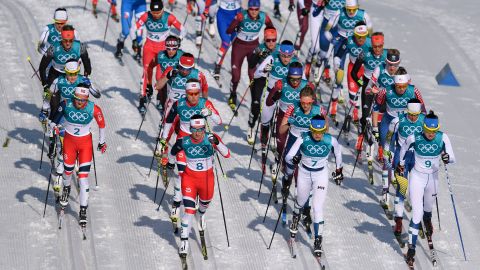 Marit Bjoergen of Norway (8) leads the field during the Ladies' 30km Mass Start Classic at the PyeongChang 2018 Winter Olympics.