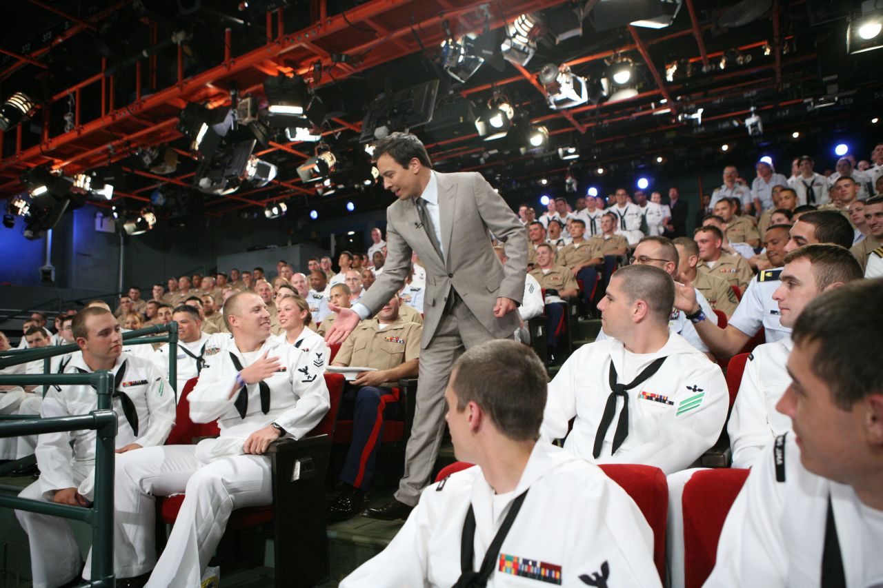 Fallon shakes hands with US service members during a Fleet Week show in 2011.