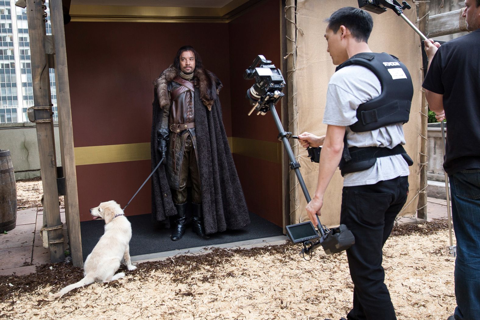 Fallon wears a "Game of Thrones" costume during the taping of a "Late Night" segment.