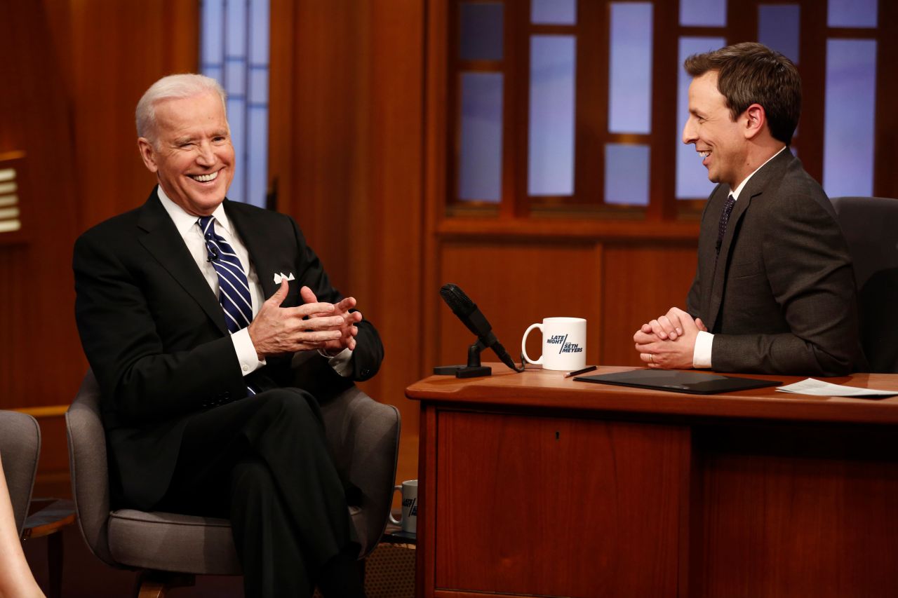 Meyers interviews then Vice President — and future President — Joe Biden in 2014.