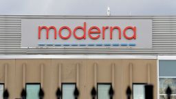 The Moderna logo is seen at the Moderna campus in Norwood, Massachusetts on on December 2, 2020, where the biotechnology company is mass producing its Covid-19 vaccine. - The US hopes to have immunized 100 million people against Covid-19 by the end of February, a top official said on December 2, which is approximately 40 percent of the country's adult population. The push should start within weeks, when vaccines developed by Pfizer-BioNTech and Moderna-NIH are expected to be approved. (Photo by Joseph Prezioso / AFP) (Photo by JOSEPH PREZIOSO/AFP via Getty Images)