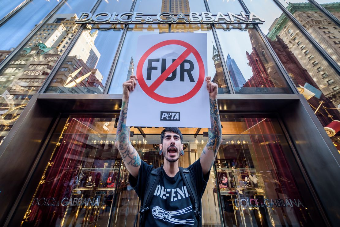 A protester outside a Dolce & Gabbana store in New York City in 2019.