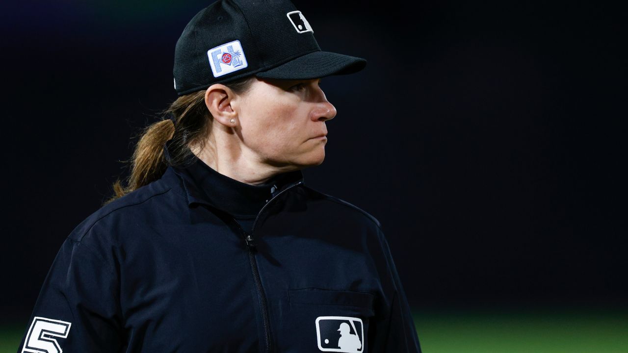 TAMPA, FLORIDA - FEBRUARY 28: Umpire Jen Pawol looks on in the third inning during a spring training game between the Toronto Blue Jays and the New York Yankees at George M. Steinbrenner Field on February 28, 2025 in Tampa, Florida. (Photo by Brandon Sloter/Getty Images)