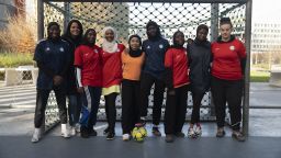 Paris based Les Hijabeuses, a collective of young hijab-wearing female footballers tackling what they say is exclusion of Muslim women from sports in Paris on January 30, 2022.
