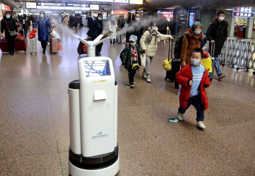 A disinfection robot works at a railway station in Beijing on January 17.