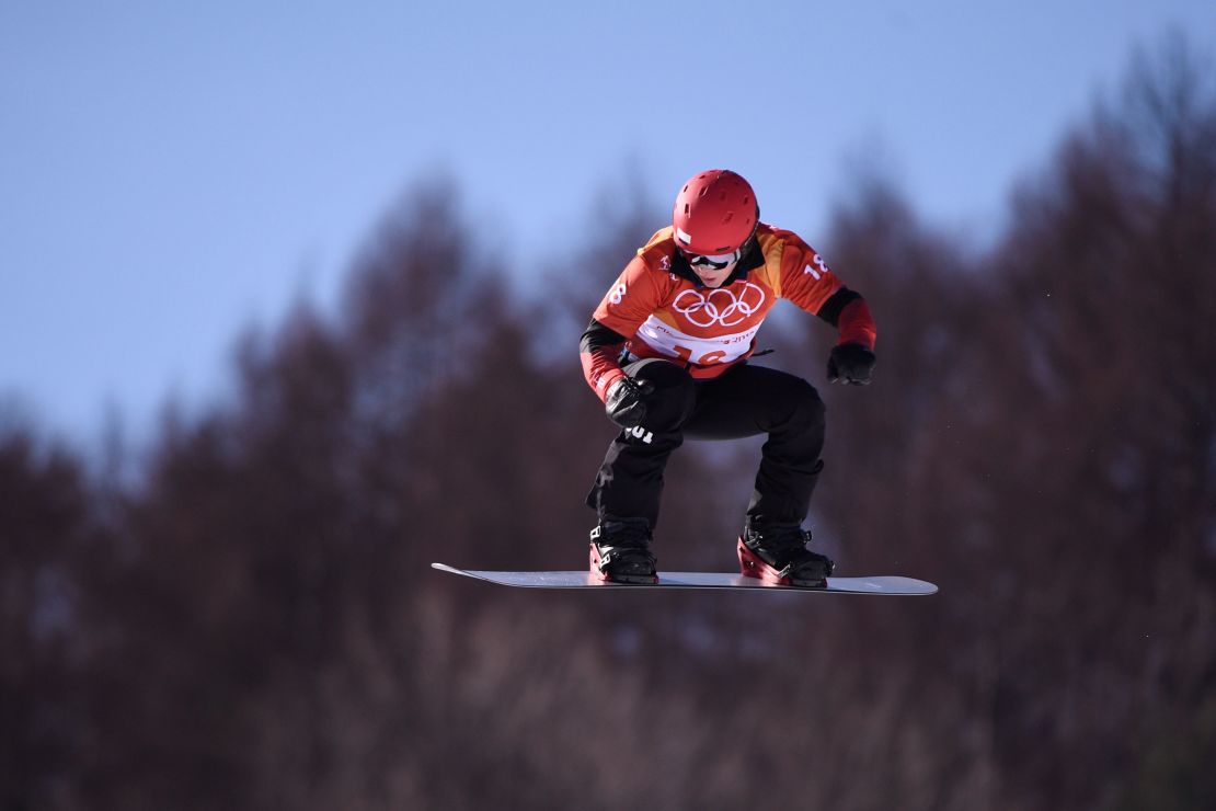 Simona Meiler competing during the women's snowboard cross qualification event the Pyeongchang 2018 Winter Olympic Games