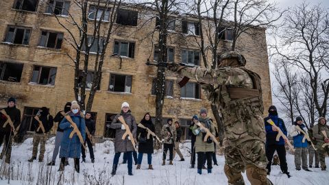 The training in Kyiv took place at an former factory that made machine parts, according to Fadek. "These are the regular civilians who will be given AK-47s, and they will store these AK-47s in their homes in Kyiv and they will be asked or somehow called to duty should the need arise," Fadek said.