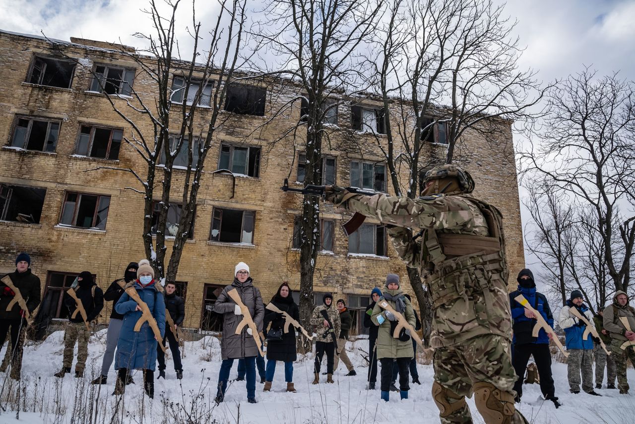 The training in Kyiv took place at an former factory that made machine parts, according to Fadek. "These are the regular civilians who will be given AK-47s, and they will store these AK-47s in their homes in Kyiv and they will be asked or somehow called to duty should the need arise," Fadek said.