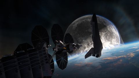 The Endeavour Space Shuttle docks at the International Space Station while the moon hurtles towards Earth in the sci-fi epic 'Moonfall.'