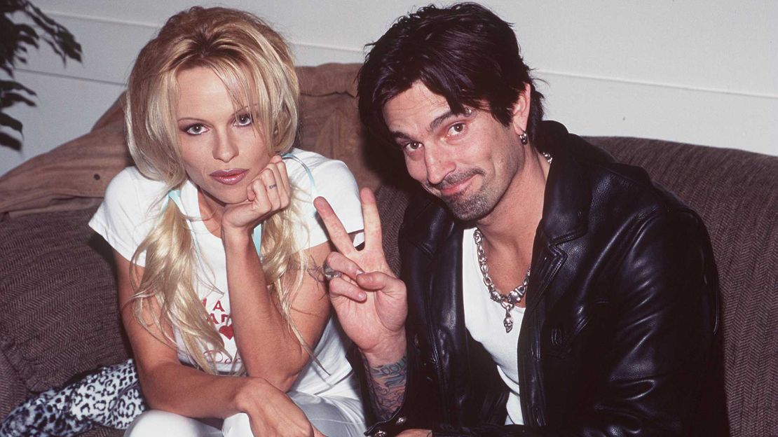 Pamela Anderson and Tommy Lee backstage at the American Music Awards in 1997.