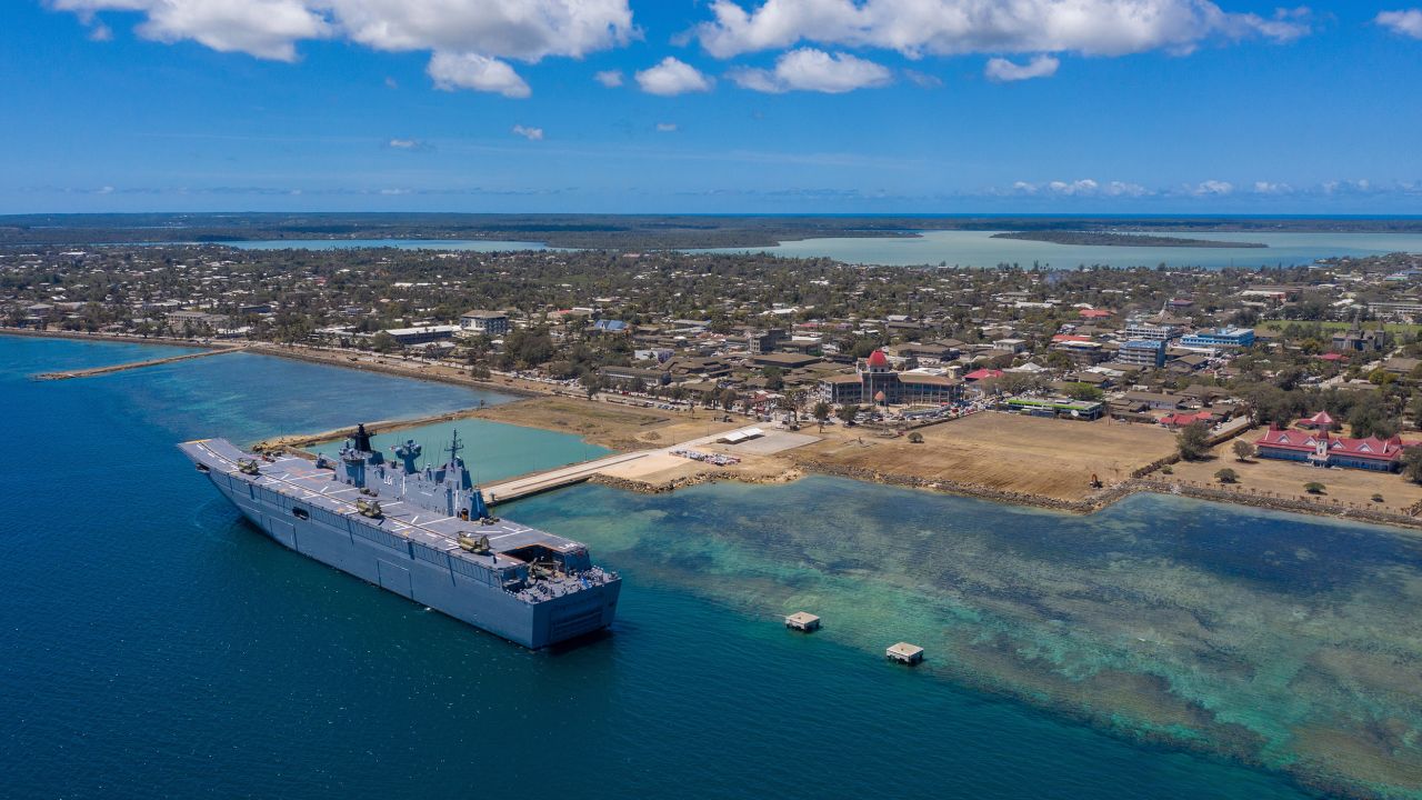 In this photo provided by the Australian Defence Force, HMAS Adelaide is docked at Nuku'alofa, Tonga, on January 27, after carrying disaster relief and humanitarian aid supplies. 