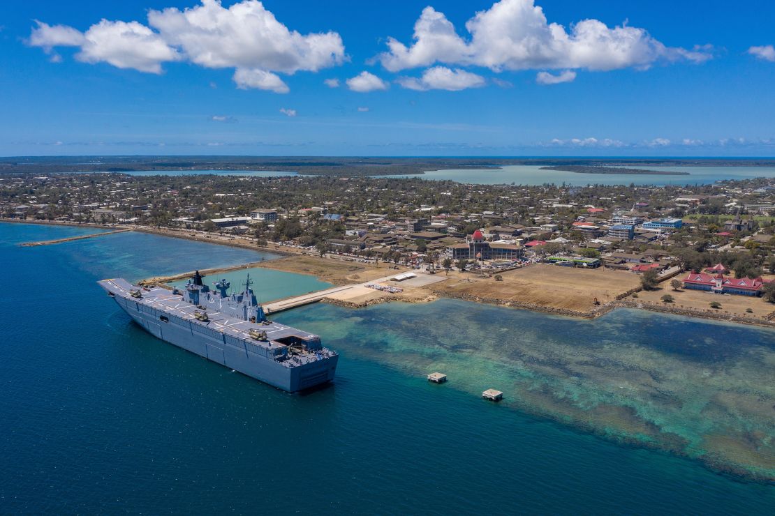 In this photo provided by the Australian Defence Force, HMAS Adelaide is docked at Nuku'alofa, Tonga, on January 27, after carrying disaster relief and humanitarian aid supplies. 