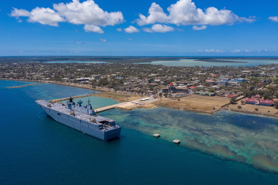 In this photo provided by the Australian Defence Force, HMAS Adelaide is docked at Nuku'alofa, Tonga, on January 27, after carrying disaster relief and humanitarian aid supplies.