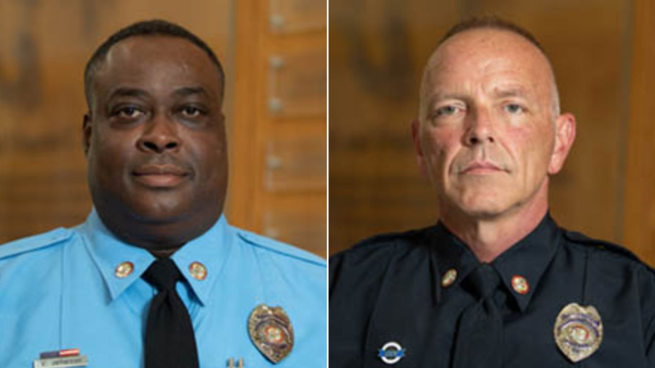 Campus safety officer JJ Jefferson, left, and campus police officer John Painter