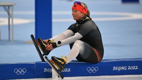 Claudia Pechstein takes part in a training session in Beijing.