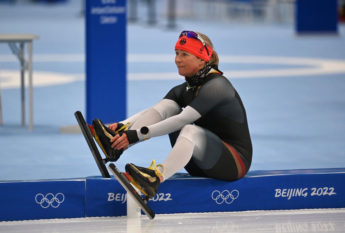 Claudia Pechstein takes part in a training session in Beijing.
