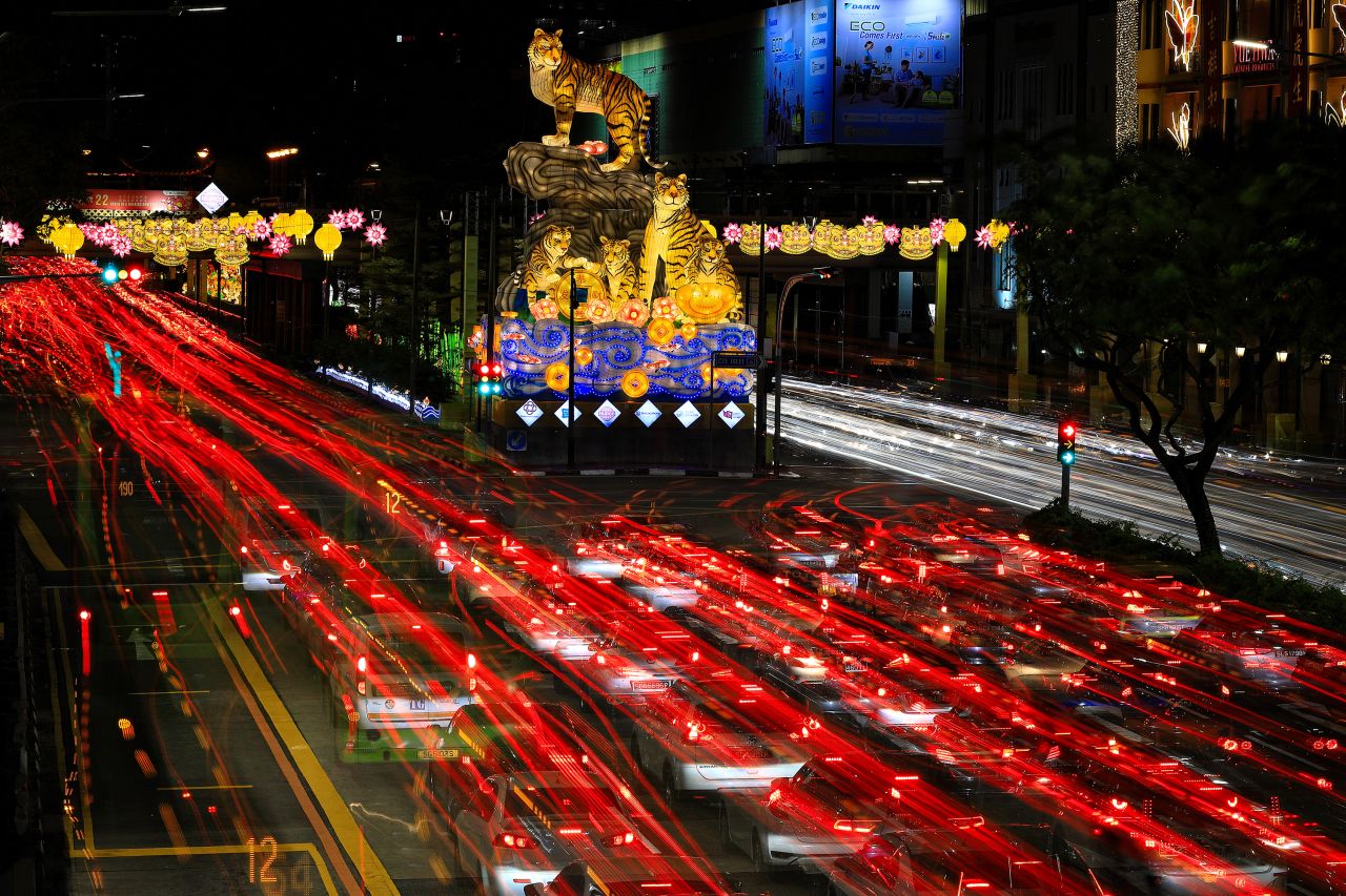 Sculptured lanterns sit at a traffic intersection in Singapore on January 31.