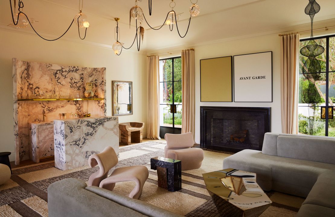 Paltrow's home includes a pink marble cocktail bar.