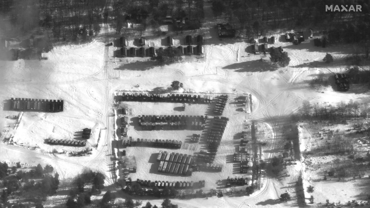 This image of the Osipovichi training area in central Belarus shows the deployment of Iskander short-range ballistic missiles.
