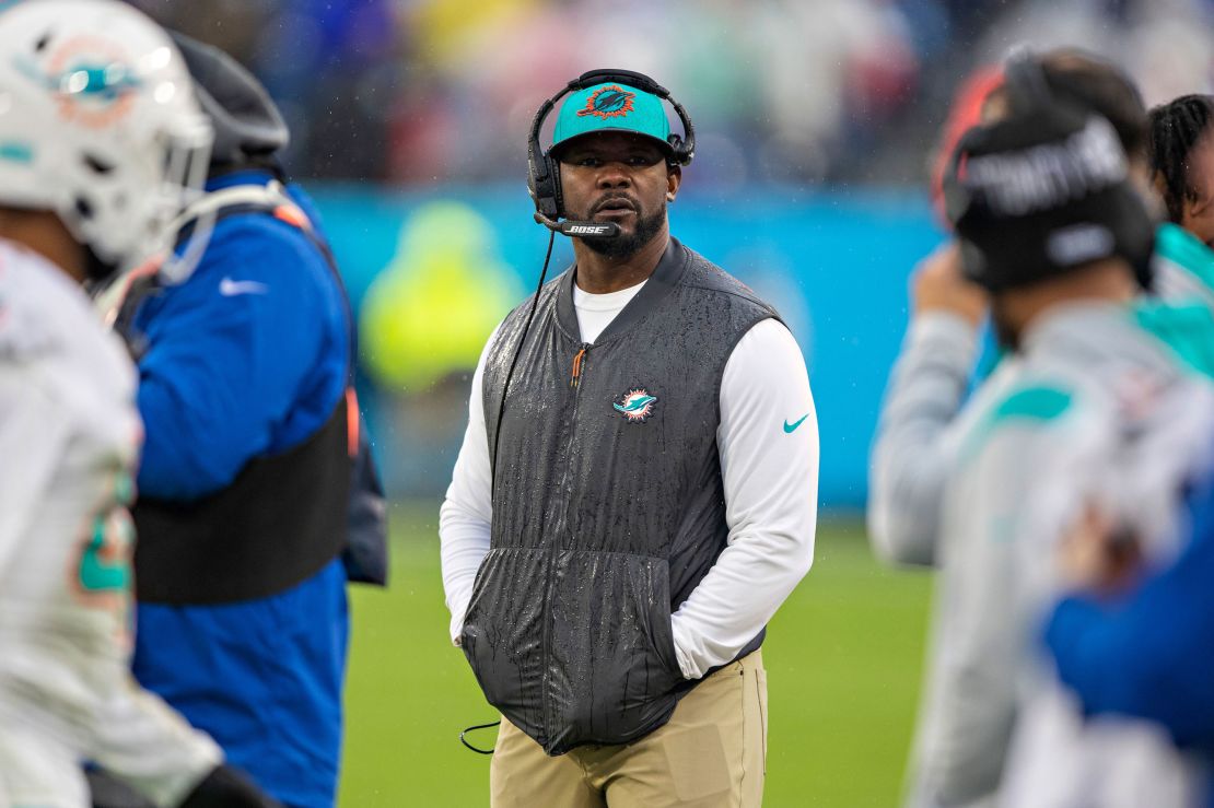 Flores on the sidelines during a game against the Tennessee Titans during his time as head coach of the Dolphins.