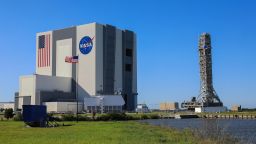 The mobile launcher for the Artemis I mission, atop crawler-transporter 2, arrives at the Vehicle Assembly Building at NASA's Kennedy Space Center in Florida on Oct. 30, 2020.