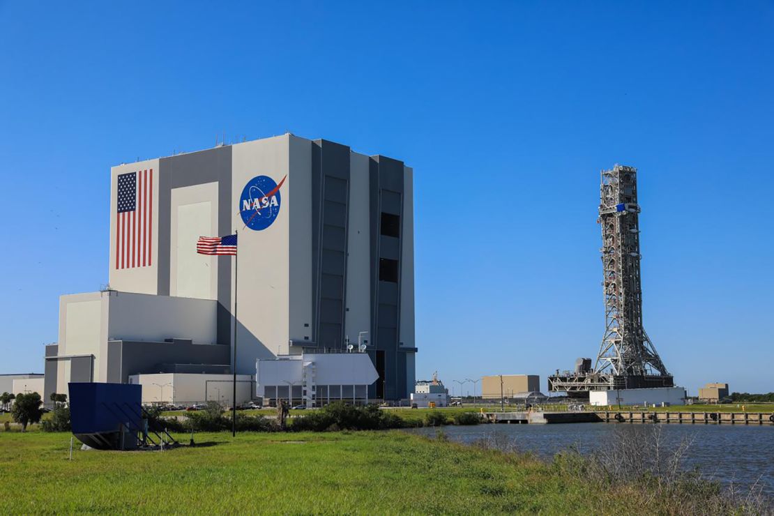 The mobile launcher for the Artemis I mission, atop crawler-transporter 2, arrives at the Vehicle Assembly Building at NASA's Kennedy Space Center in Florida on October 30, 2020.