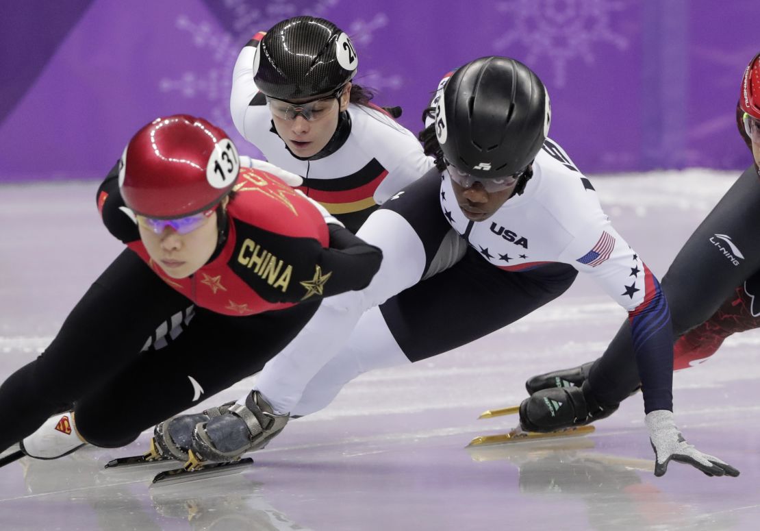 Biney races during her women's 1,500 meters short track speed skating heat at the 2018 Winter Olympics in Gangneung, South Korea.