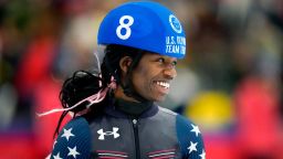 Maame Biney smiles before competing in the women's 1000-meter final during the U.S. Olympic short track speedskating trials Saturday, Dec. 18, 2021, in Kearns, Utah. (AP Photo/Rick Bowmer)