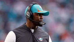 MIAMI GARDENS, FLORIDA - SEPTEMBER 19: Head coach Brian Flores of the Miami Dolphins looks on in the second quarter of the game against the Buffalo Bills at Hard Rock Stadium on September 19, 2021 in Miami Gardens, Florida. (Photo by Michael Reaves/Getty Images)