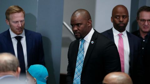 Brian Flores arrives for a news conference announcing his hiring as the new Miami Dolphins head coach on February 4, 2019. 