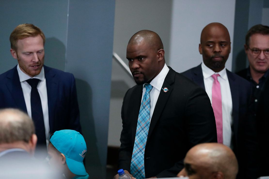 Brian Flores arrives for a news conference announcing his hiring as the new Miami Dolphins head coach on February 4, 2019.