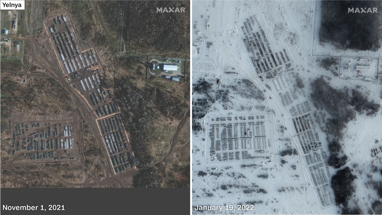 Armored units and support equipment are seen in Yelnya, Russia.