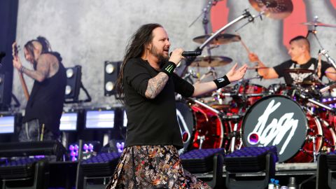 (From left) Reginald Arvizu, Jonathan Davis and Ray Luzier of Korn perform at Reading Festival at Richfield Avenue in England on August 26, 2017.