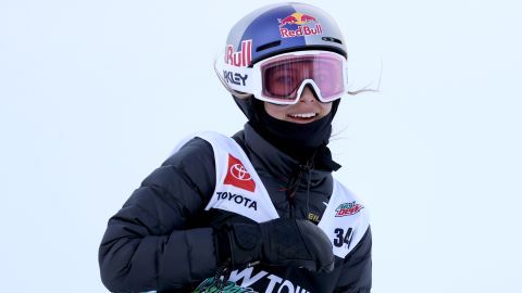 Eileen Gu celebrates after her final run in the women's ski superpipe final on the Dew Tour on December 17, 2021.