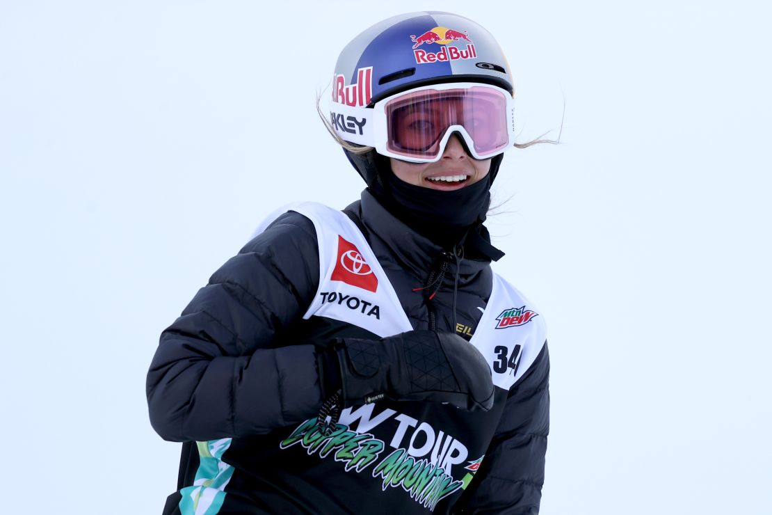 Eileen Gu celebrates after her final run in the women's ski superpipe final on the Dew Tour on December 17, 2021.