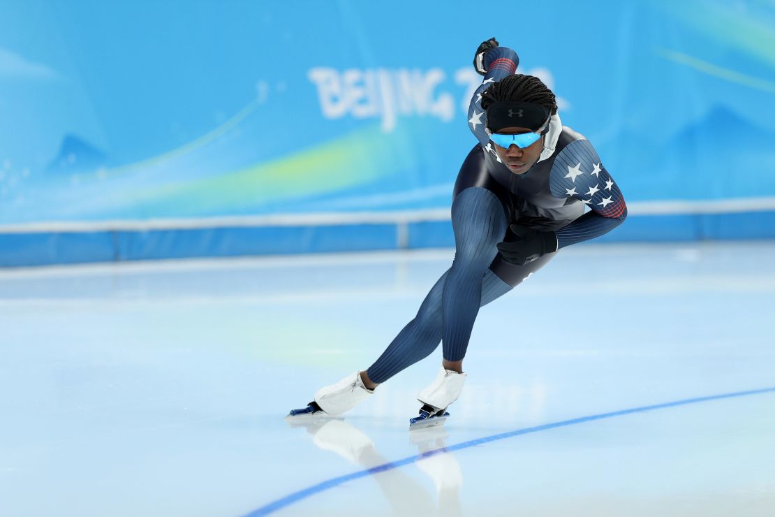 American Erin Jackson during a speed skating practice session ahead of the Beijing 2022 Winter Olympic Games.